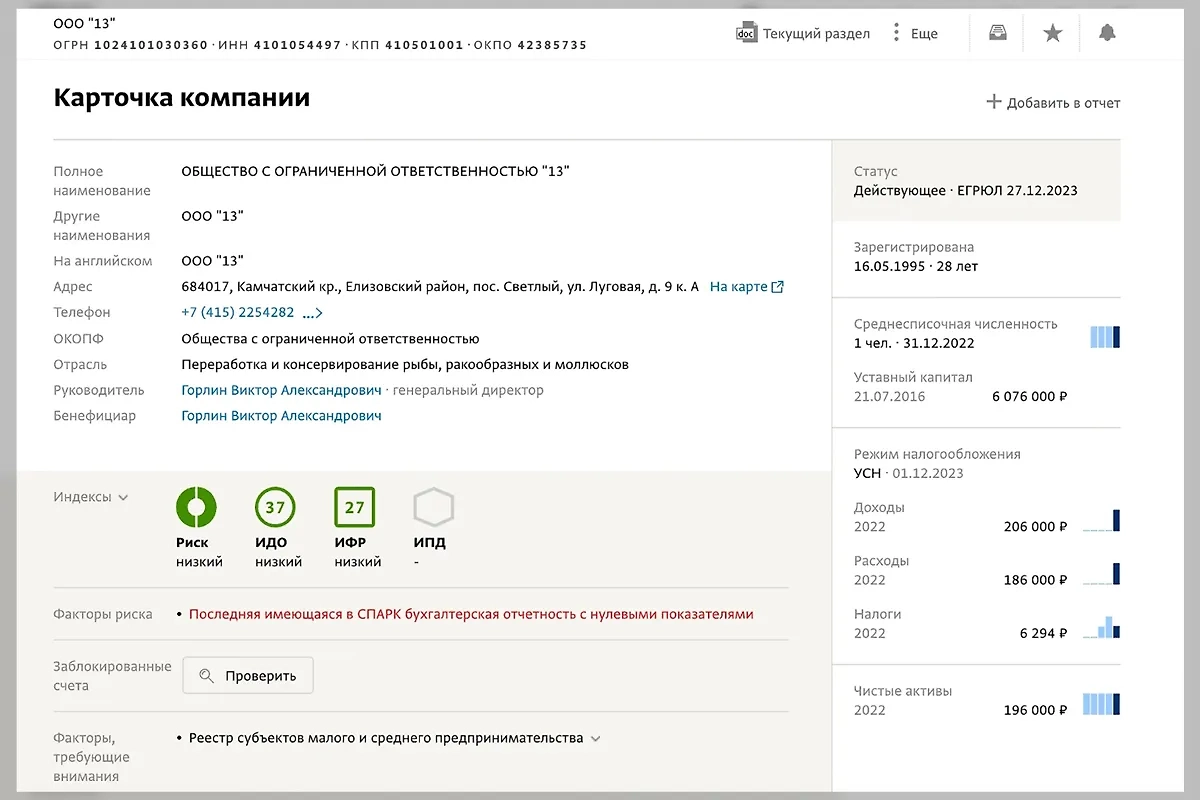 Это тоже "13". С той же сферой деятельности, с теми же сертификатами. На бумаге фирма является действующей, однако в реальности, похоже, нет. Фото © СПАРК-ИНТЕРФАКС 