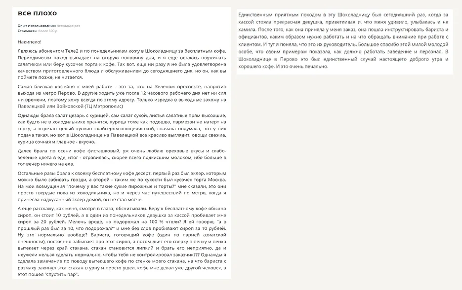 Типичный отзыв о "Шоколаднице". Фото © irecommend.ru