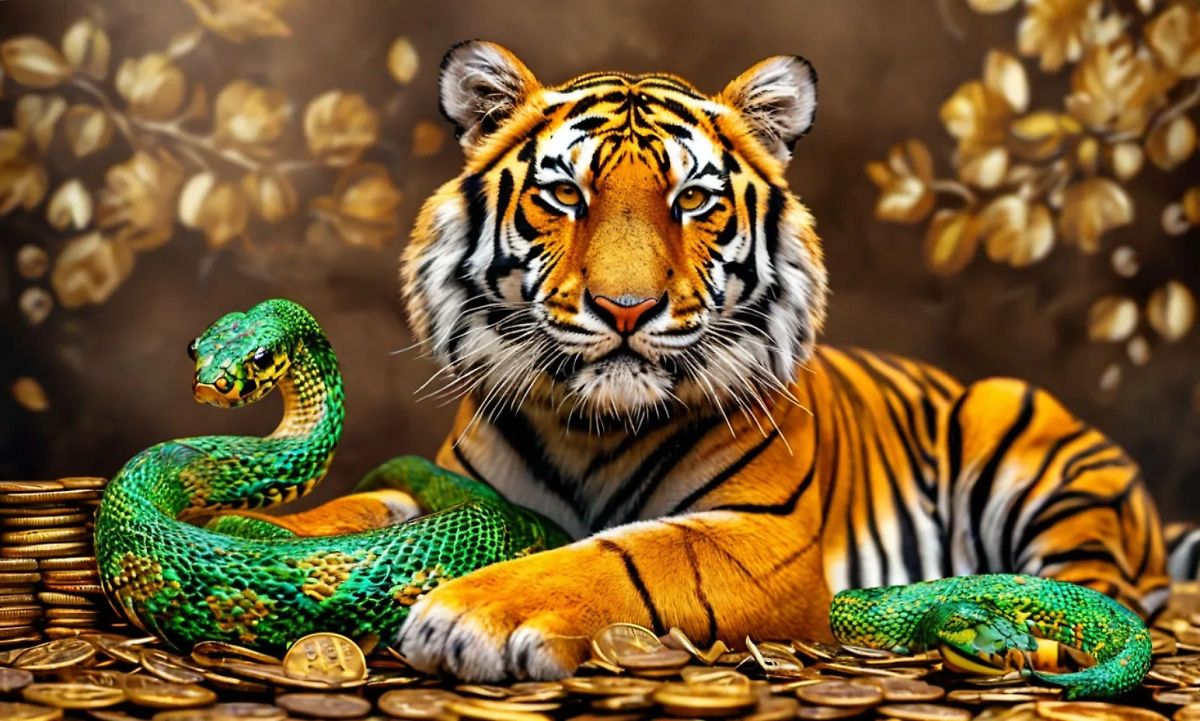 Что ждёт Тигра в 2025 году Змеи: денежный гороскоп. Фото © Шедеврум