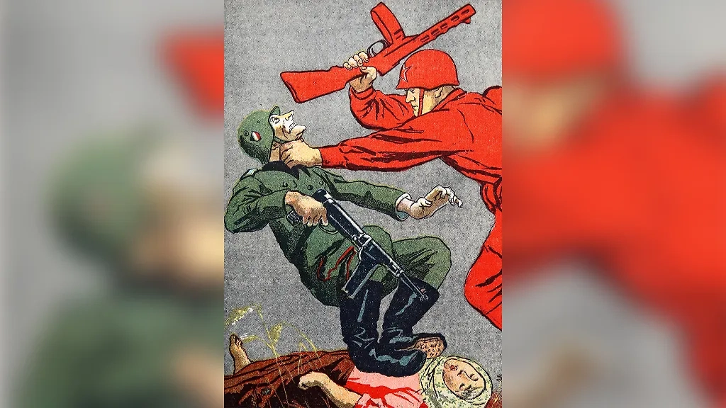 Агитационный плакат серии "Окна ТАСС" № 534 "За Страну Советскую бей зверьё немецкое, бей штыком, гранатой бей, бей чем хочешь, но убей!", 1943 г. Художники: Кукрыниксы. Текст: А. Прокофьев. Фото © ТАСС / Вячеслав Прокофьев 