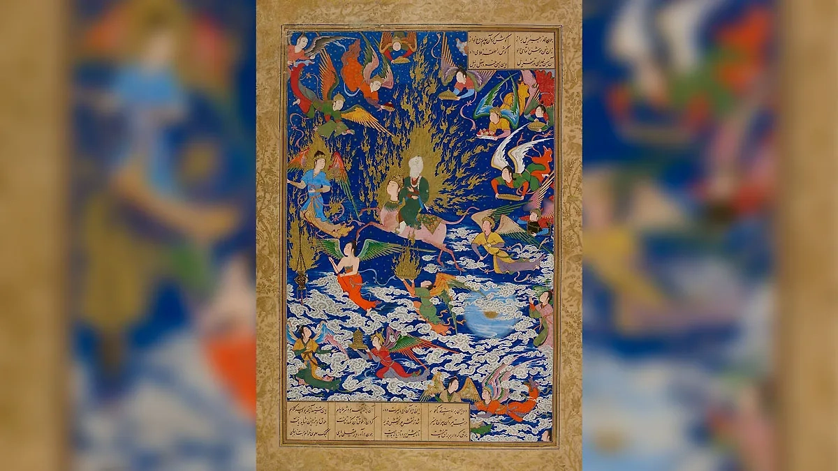 Иранская миниатюра персидского художника султана Мухаммеда (XVI век н. э.), изображающая пророка ислама верхом на бураке. Хранится в Британском музее.  Источник © Wikimedia.org 