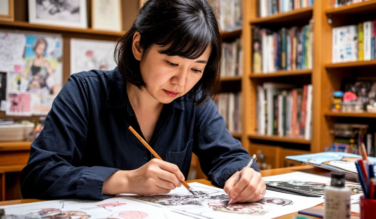 Рё Тацуки — мангака. Это тот, кто рисует мангу, японские комиксы. А из японских комиксов потом получается аниме, то есть японские мультфильмы. 