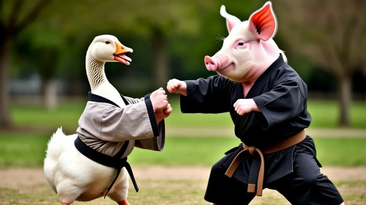 Гусь свинье не товарищ — и правда, не товарищ, посмотрите, как они злобно глядят друг на друга. Фото © «Шедеврум»