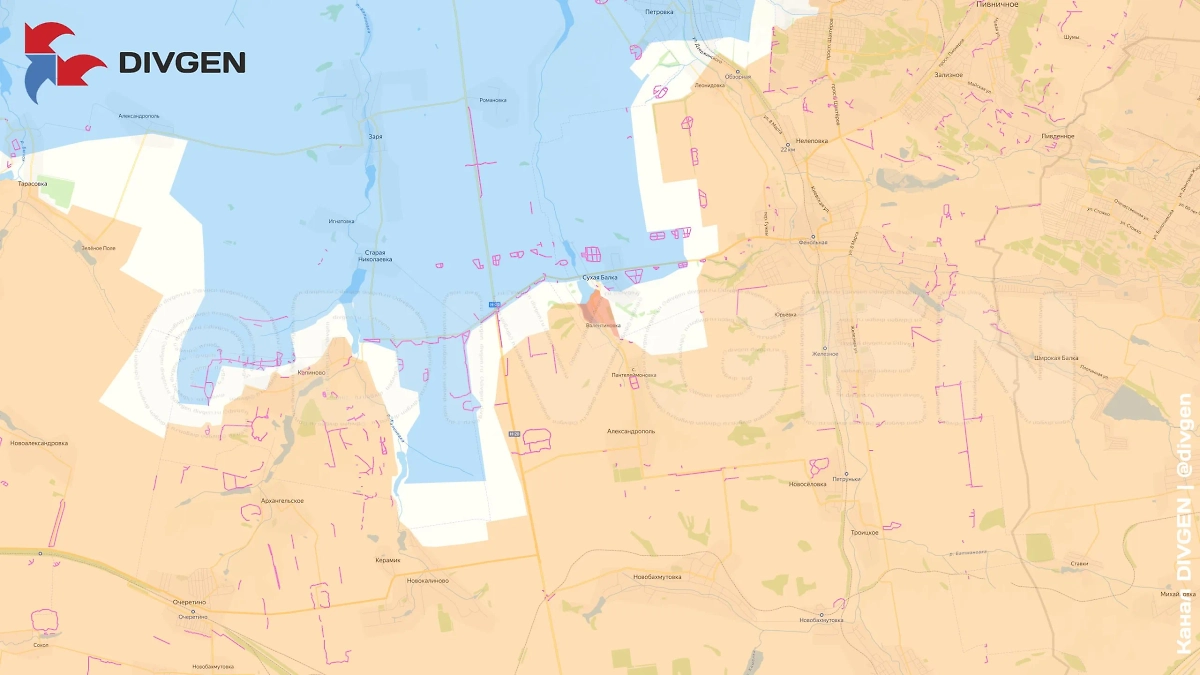 Карта СВО на 18 апреля 2025 года. Валентиновка перешла под контроль ВС РФ. Идут бои за Сухую Балку. Фото © Telegram / DIVGEN 🚩 Карта СВО