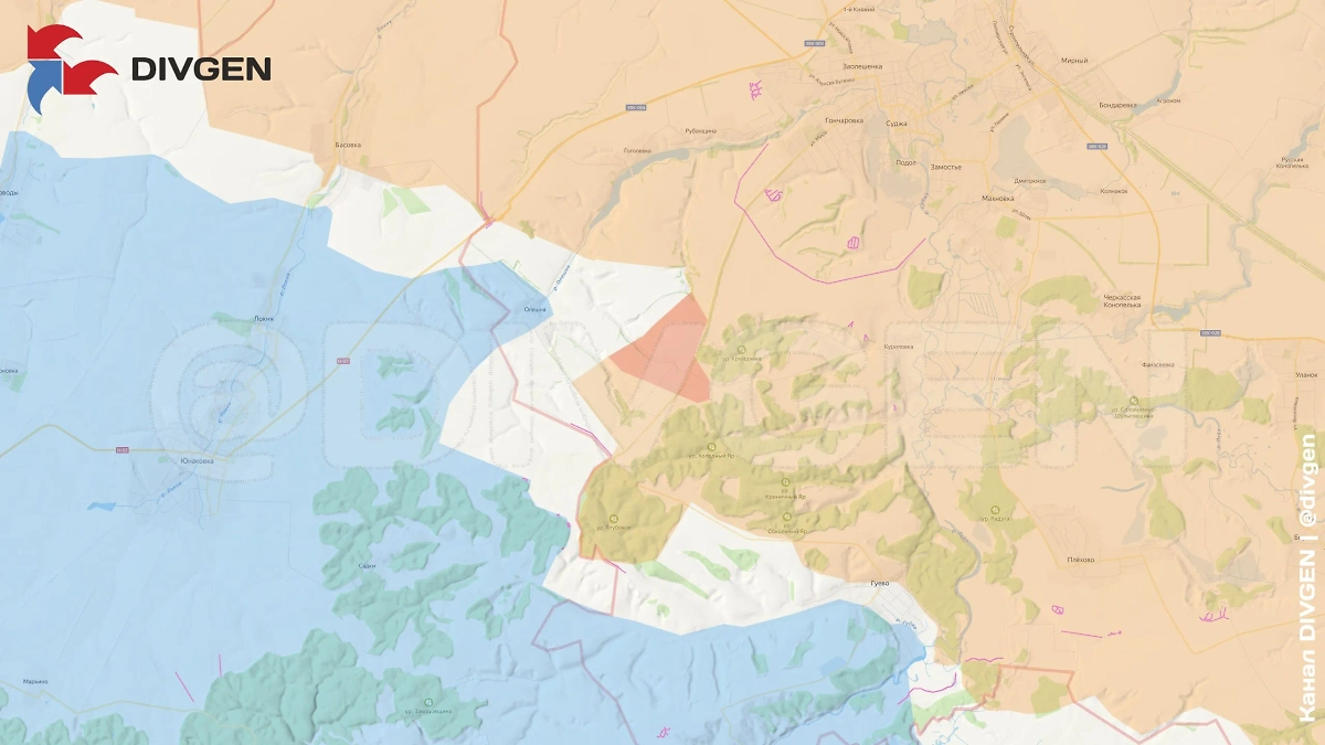 Карта СВО в Курской области 2 апреля 2025 года. Российская армия продвигается к Олешне. Фото © Telegram / DIVGEN 🚩 Карта СВО