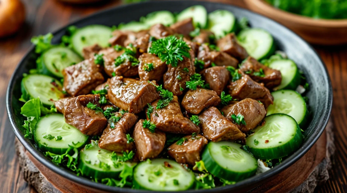 Из куриной печени и огурцов получится питательный салат. Фото © «Шедеврум»