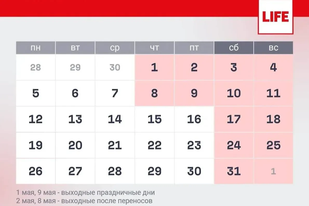 График выходных и рабочих дней в мае. Фото © Life.ru