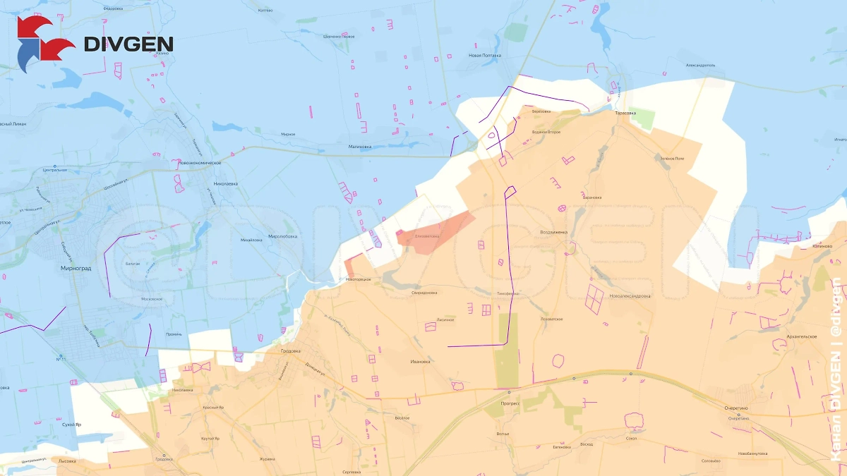 Карта СВО на 14 апреля 2025 года. Освобождена Елизаветовка в ДНР. Фото © Telegram / DIVGEN 🚩 Карта СВО