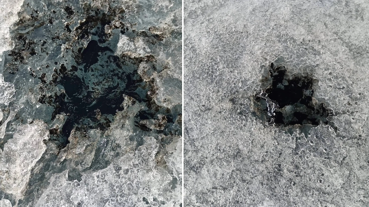 Нефтяные пятна на льду озера Байкал. Фото © Vk / Байкальский музей