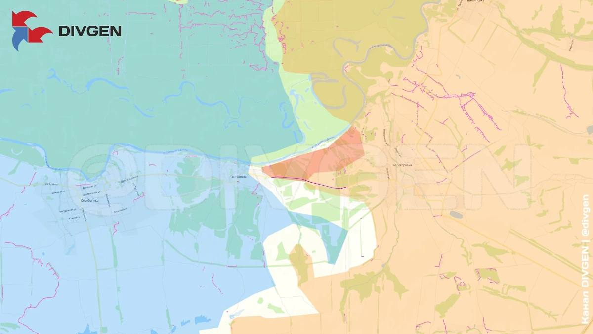 Карта СВО на 29 апреля 2025 года. Штурмовые группы ВС РФ вышли на восточную окраину Григоровки. Фото © Telegram / DIVGEN 🚩 Карта СВО
