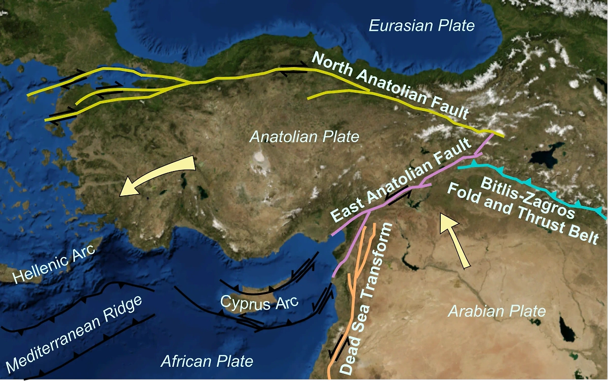 Тектонические разломы вокруг Анатолийской плиты, на которой располагается Турция. Фото © Wikipedia / Mikenorton