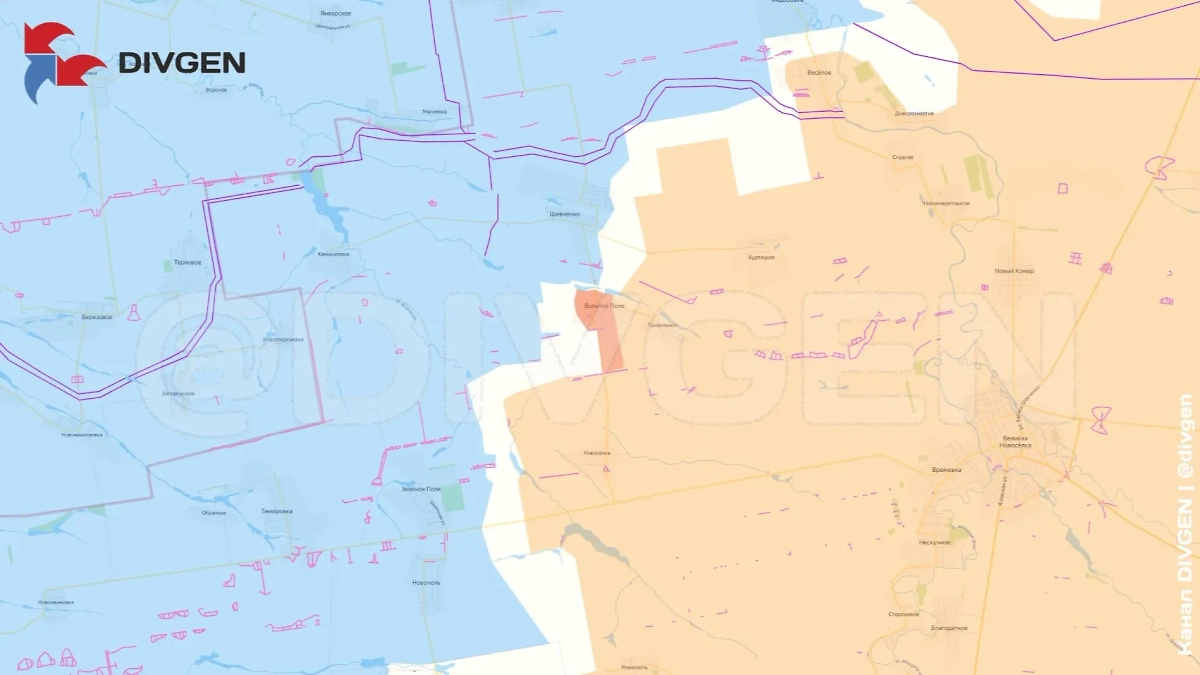 Карта СВО на 16 мая 2025 года. Подразделениями 5-й армии группировки войск «Восток» освобождён н.п. Вольное Поле на Южно-Донецком направлении. Фото © Telegram / divgen