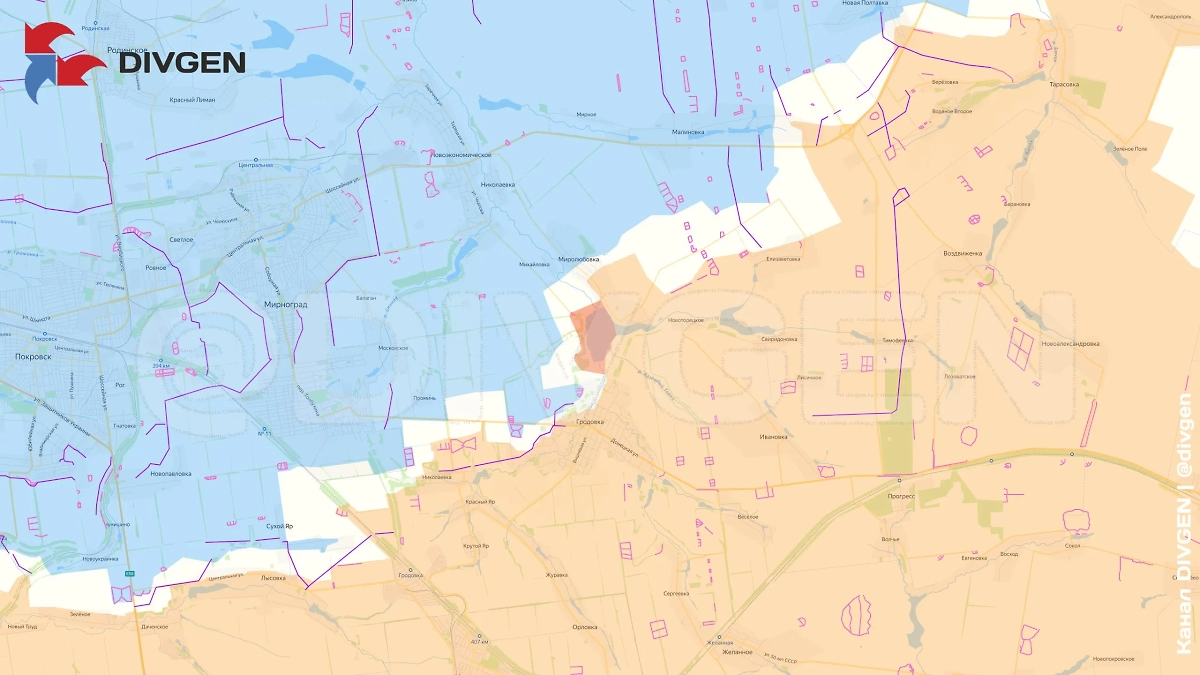 Карта СВО на 13 мая 2025 года. ВС РФ заняли новые позиции у Миролюбовского водохранилища. Фото © Telegram / DIVGEN 🚩 Карта СВО