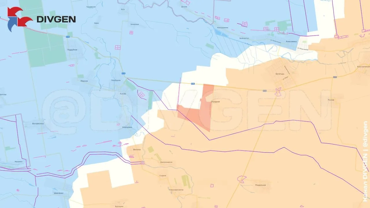 Карта СВО на 25 мая 2025 года. Расширена зона контроля западнее Отрадного. Фото © Telegram / DIVGEN 🚩 Карта СВО