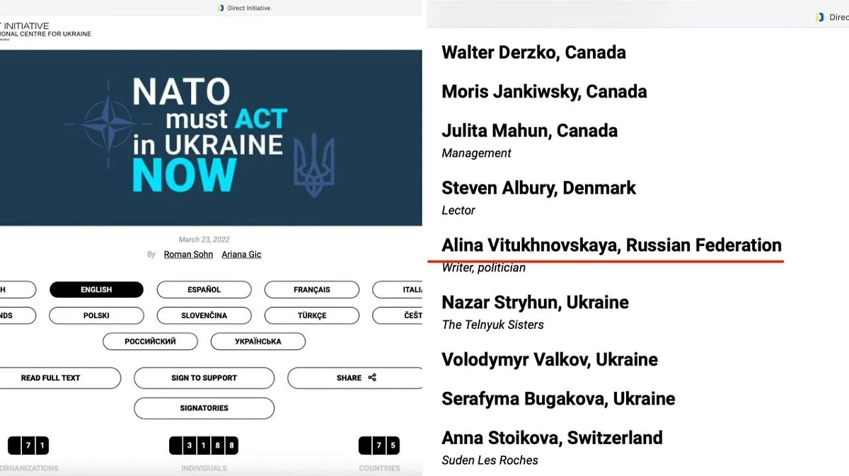 Имя Алины Витухновской* значится в списке подписантов петиции к НАТО. Фото © actinukrainenow