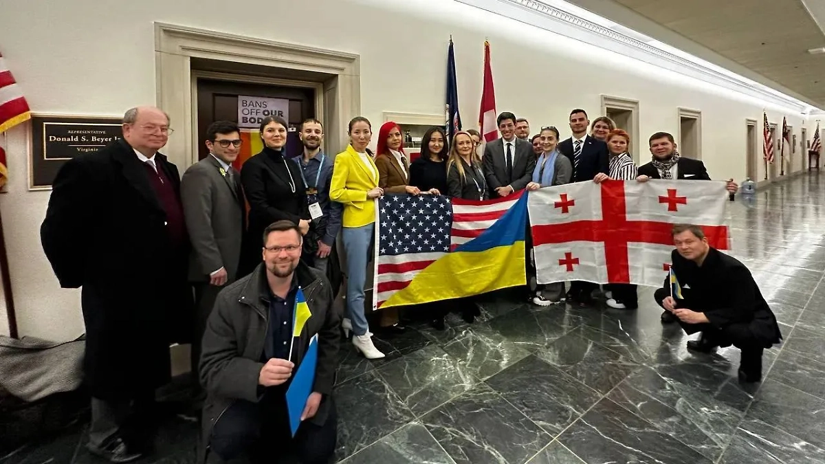 Дмитрий Валуев (слева на корточках с флажком Украины) в окружении своих подопечных из RADR в Конгрессе США. Справа на корточках сидит беглый банкир, фигурант уголовного дела и ютуб-расследования Максима Каца* о хищении денег у вкладчиков Пробизнесбанка Александр Железняк. Фото © web.archive.org