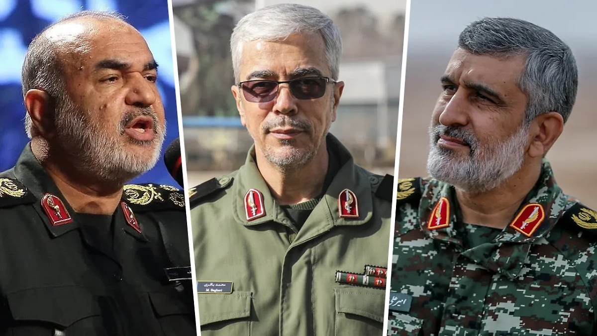 Хоссейн Салами, Мохаммад Багери, Амирали Хаджизаде. Фото © X / OSINTdefender / Wikipedia / Mehr News Agency