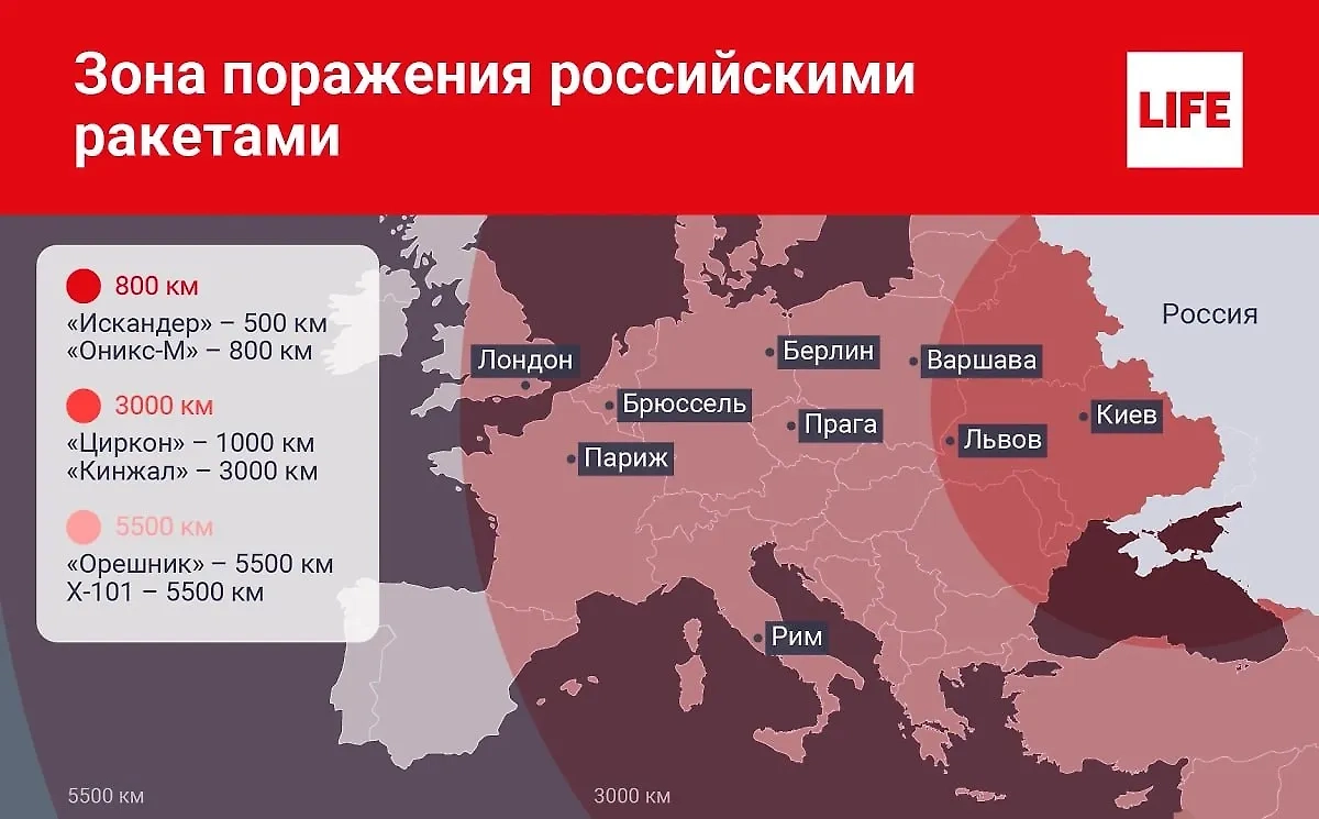 Зона поражения российскими ракетами. Инфографика © Life.ru
