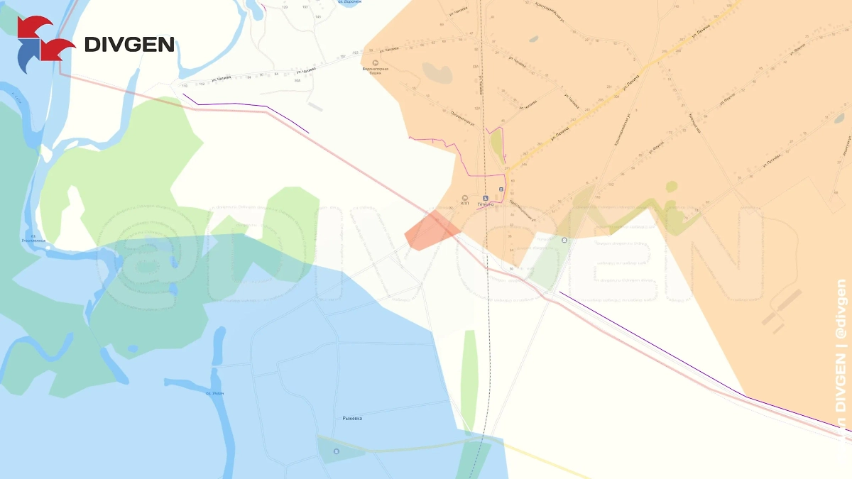 Карта СВО на 14 июля 2025 года. Российские штурмовые группы вошли в Рыжевку на Тёткинском направлении. Фото © Telegram / DIVGEN 🚩 Карта СВО