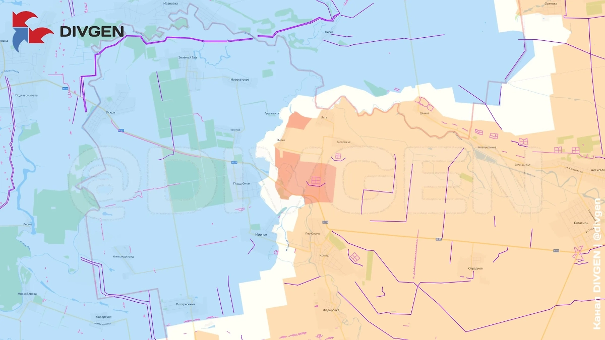 Карта СВО на 3 июля 2025 года. ВС РФ продвигаются к населённому пункту Поддубное. Фото © Telegram / DIVGEN 🚩 Карта СВО