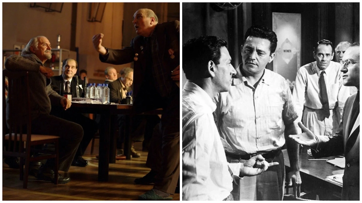 «Двенадцать» (2007) Михалкова и «Двенадцать разгневанных мужчин» (1957). Фото © Кадр из фильма «Двенадцать», режиссёр Никита Михалков, сценаристы Никита Михалков, Александр Новотоцкий, Владимир Моисеенко / Kinopoisk, © Кадр из фильма «Двенадцать разгневанных мужчин», режиссёр Сидни Люмет, сценарист Реджинальд Роуз / Kinopoisk