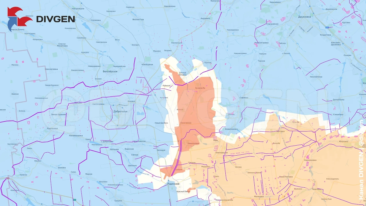 Карта СВО на 13 августа 2025 года. Примерная конфигурация прорыва в сторону Золотого Колодезя. Также начались бои на северной окраине Родинского. Фото © Telegram / divgen