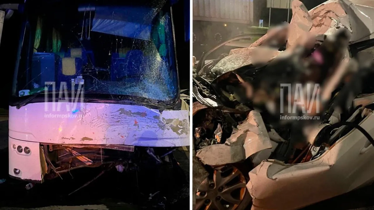 Три человека погибли в ДТП с участием автобуса под Псковом. Фото © Telegram / ПСКОВСКАЯ СВОДКА паи