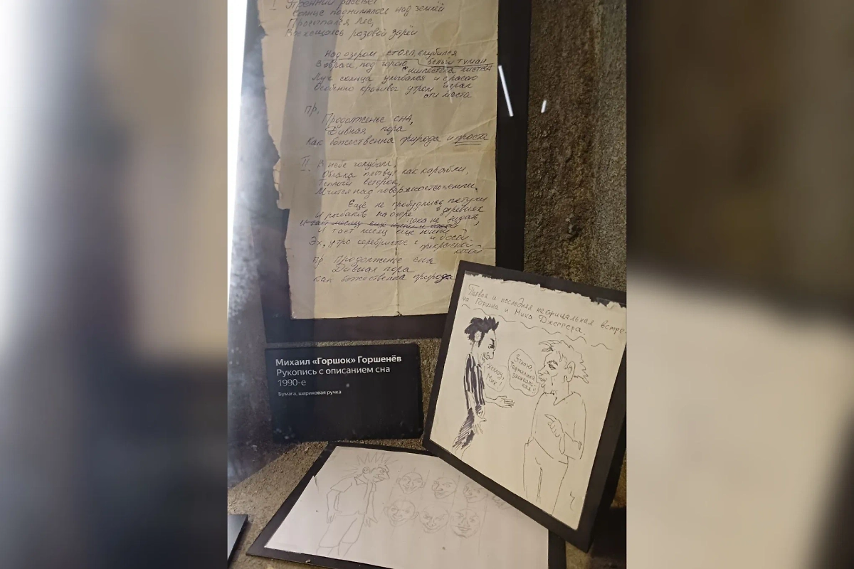 Рукопись и рисунки Михаила Горшенёва на выставке, посвящённой «Королю и Шуту». Фото © Life.ru