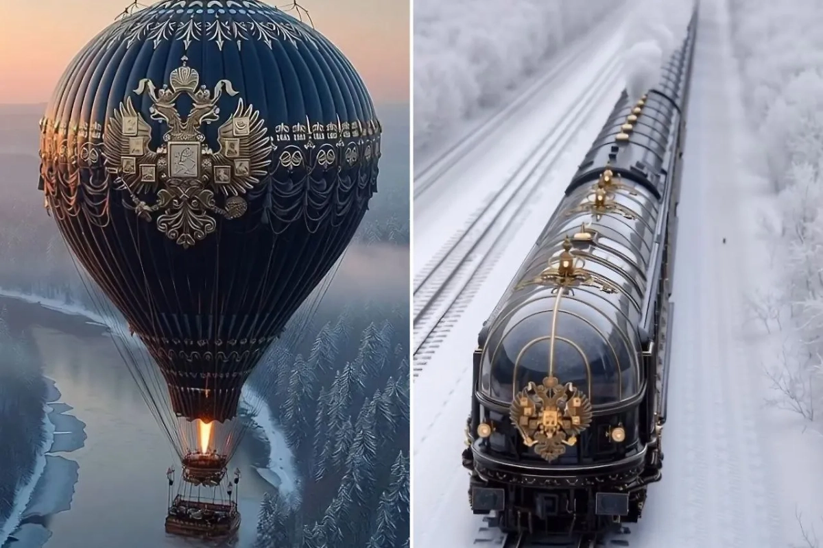 Нейросеть нарисовала Россию в другой вселенной: Воздушный шар и поезд передвигаются по просторам Российской империи. Фото © Instagram (соцсеть запрещена в РФ; принадлежит корпорации Meta, которая признана в РФ экстремистской) / lizashevaai