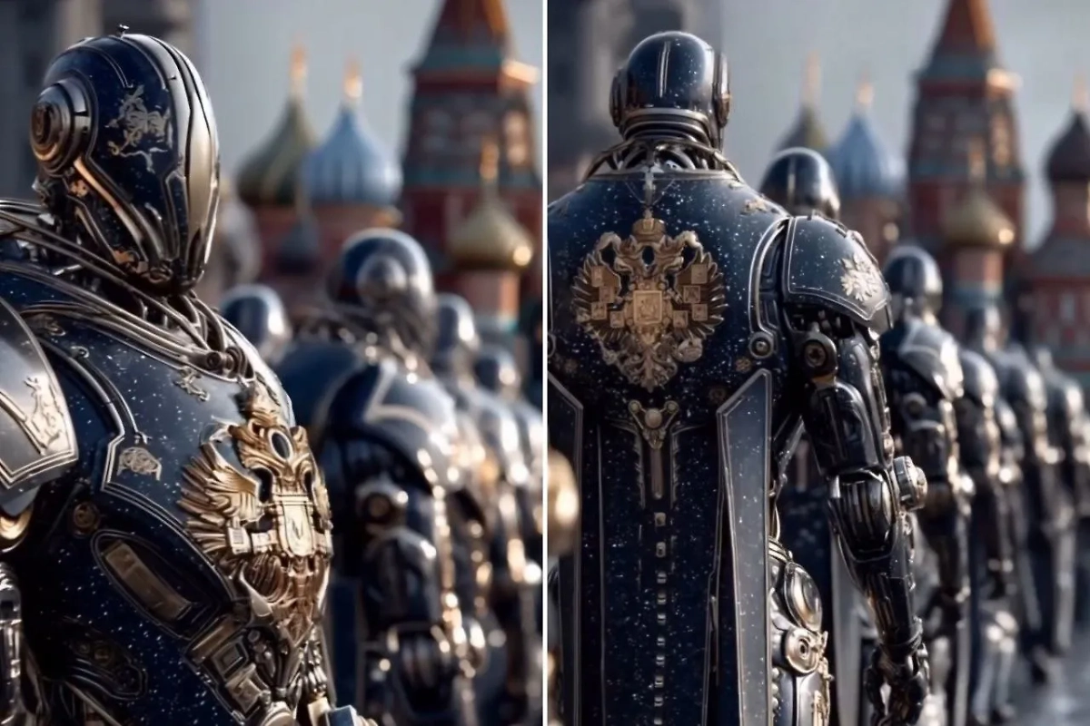 Будущее России по версии нейросети: Роботы-солдаты на фоне Храма Василия Блаженного в Российской империи. Фото © Instagram (соцсеть запрещена в РФ; принадлежит корпорации Meta, которая признана в РФ экстремистской) / lizashevaai
