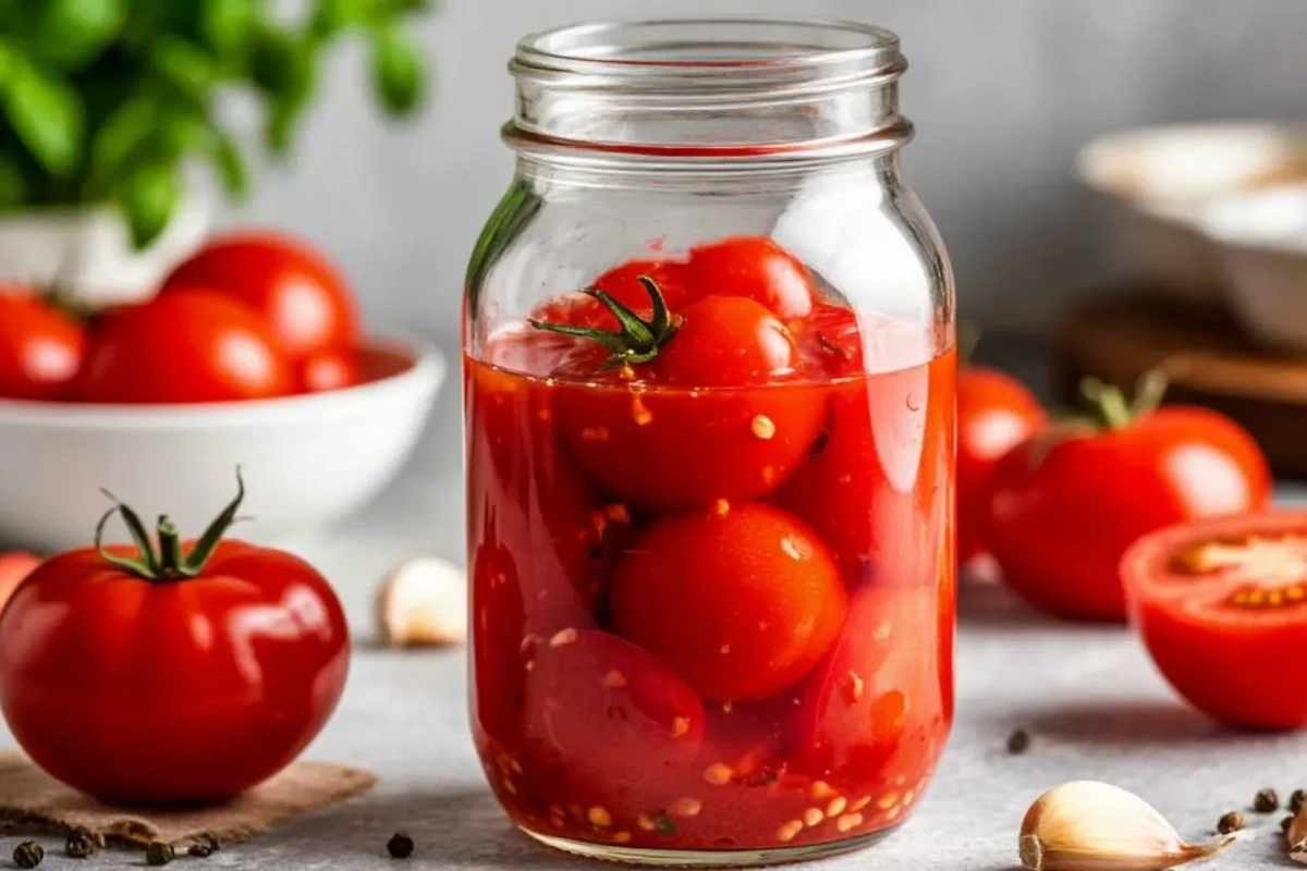 Быстрые маринованные помидоры с чесноком в банках. Фото © «Шедеврум»