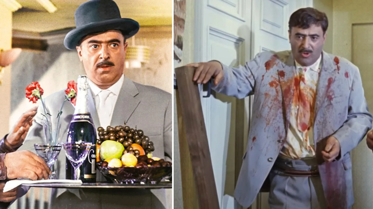 Фильм «Кавказская пленница». Саахов несёт Нине «Советское» шампанское.  Кадр из фильма «Кавказская пленница», режиссёр Леонид Гайдай и др. / Kinopoisk