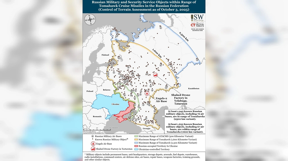 Зона поражения «Томагавков». Карта ©  Facebook (Соцсеть запрещена в РФ; принадлежит корпорации Meta, которая признана в РФ экстремистской) / Institute for the Study of War