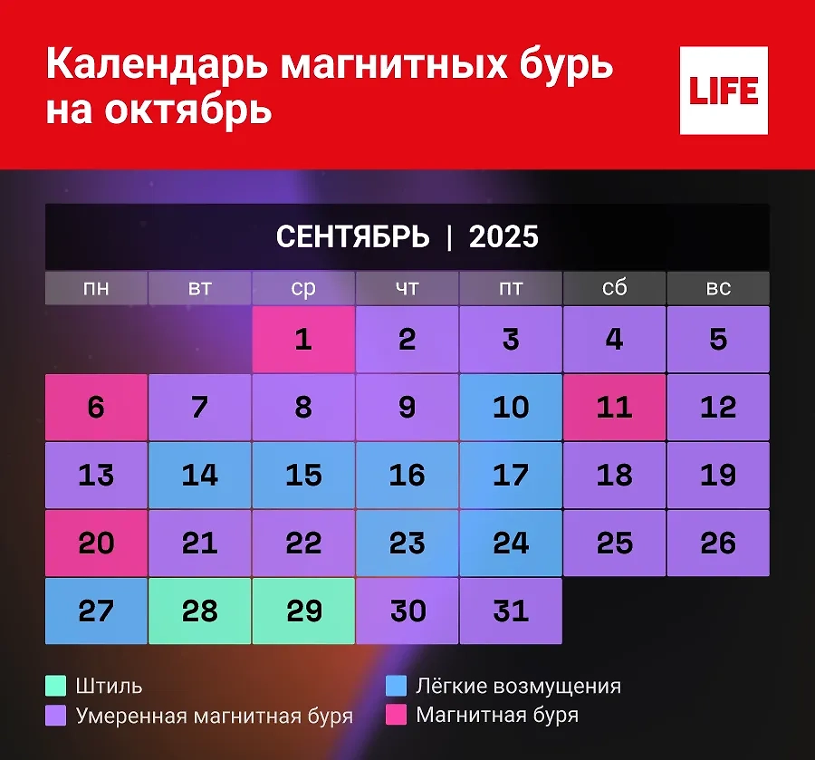 Магнитные бури в октябре по дням. Когда ждать их в 2025 году? Как подготовиться? Магнитные бури — год будет непростой. Инфографика © Life.ru