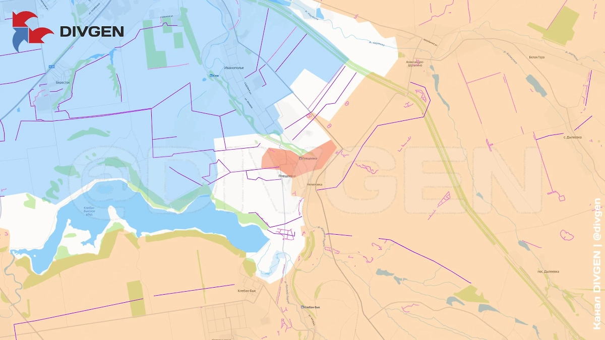 Карта СВО на 19 октября 2025 года. По сообщению Минобороны, подразделения ГрВ «Юг» освободили Плещеевку. Фото © Telegram / DIVGEN 🚩 Карта СВО