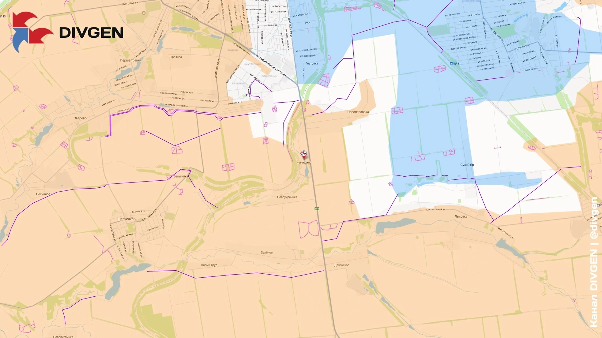 Карта СВО на 20 октября 2025 года. Подразделения группировки войск «Центр» освободили населённый пункт Чунишино Донецкой Народной Республики. Фото © Telegram / DIVGEN 🚩 Карта СВО