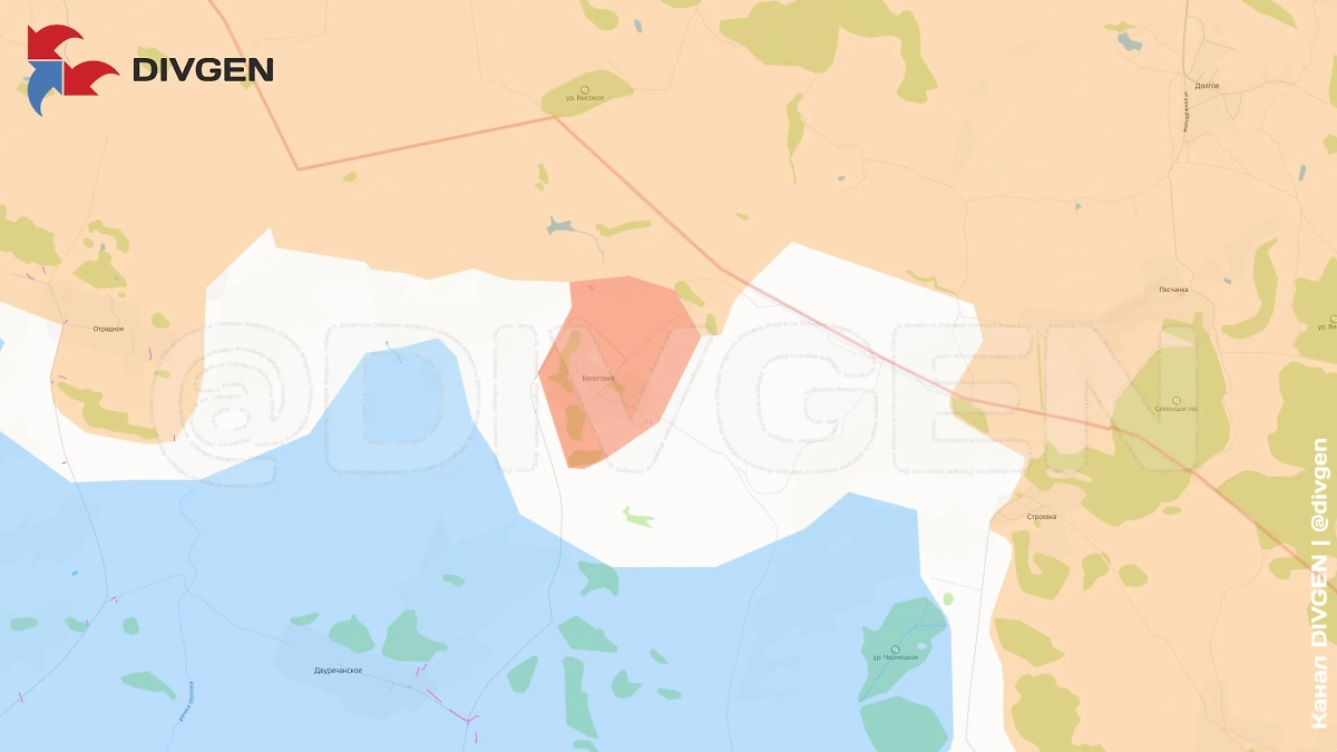 Карта СВО на 25 октября 2025 года. Армия России освободила Бологовку на границе с Белгородской областью. Фото © Telegram / DIVGEN 🚩 Карта СВО
