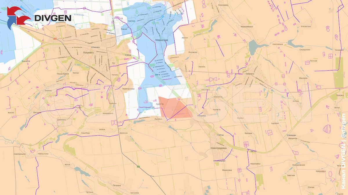 Карта СВО на 13 ноября 2025 года. Подразделения ГрВ «Центр» завершили зачистку от украинских боевиков населённого пункта Сухой Яр. Фото © Telegram / DIVGEN 🚩 Карта СВО
