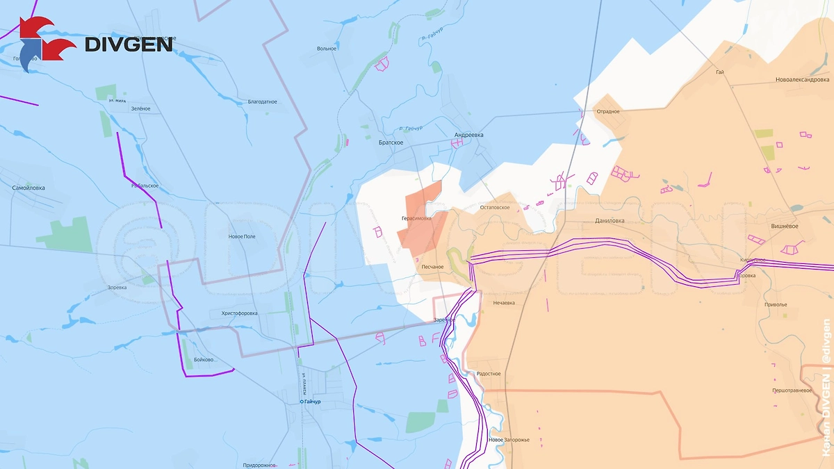 Карта СВО на 18 декабря 2025 года. Подразделения ГрВ «Восток» взяли под контроль Герасимовку в Днепропетровской области. Фото © Telegram / DIVGEN 🚩 Карта СВО