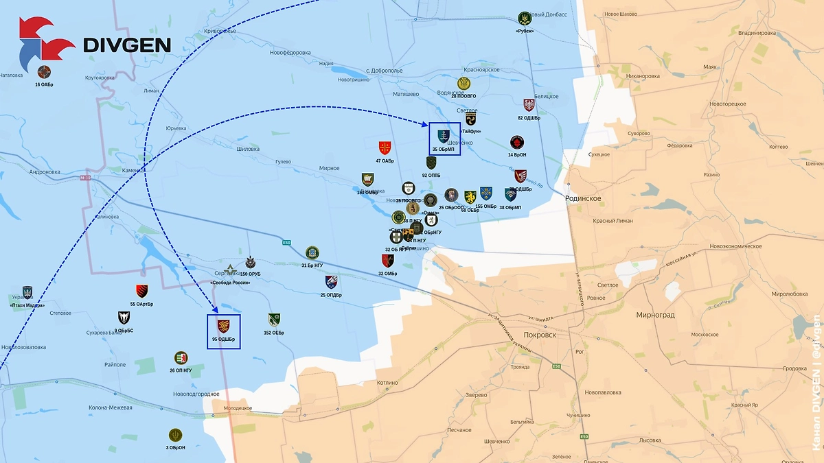 Карта СВО на 22 декабря 2025 года. Армия России ликвидирует остатки группировки ВСУ в Димитрове. Фото © Telegram / DIVGEN 🚩 Карта СВО
