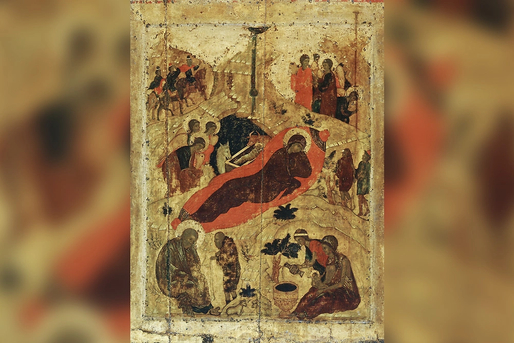История праздника Рождества корнями уходит в прошлое. Богословские традиции стали формироваться чуть позже. Фото © «Рождество Христово». Икона из праздничного чина иконостаса Благовещенского собора Московского Кремля / Wikipedia / Андрей Рублёв