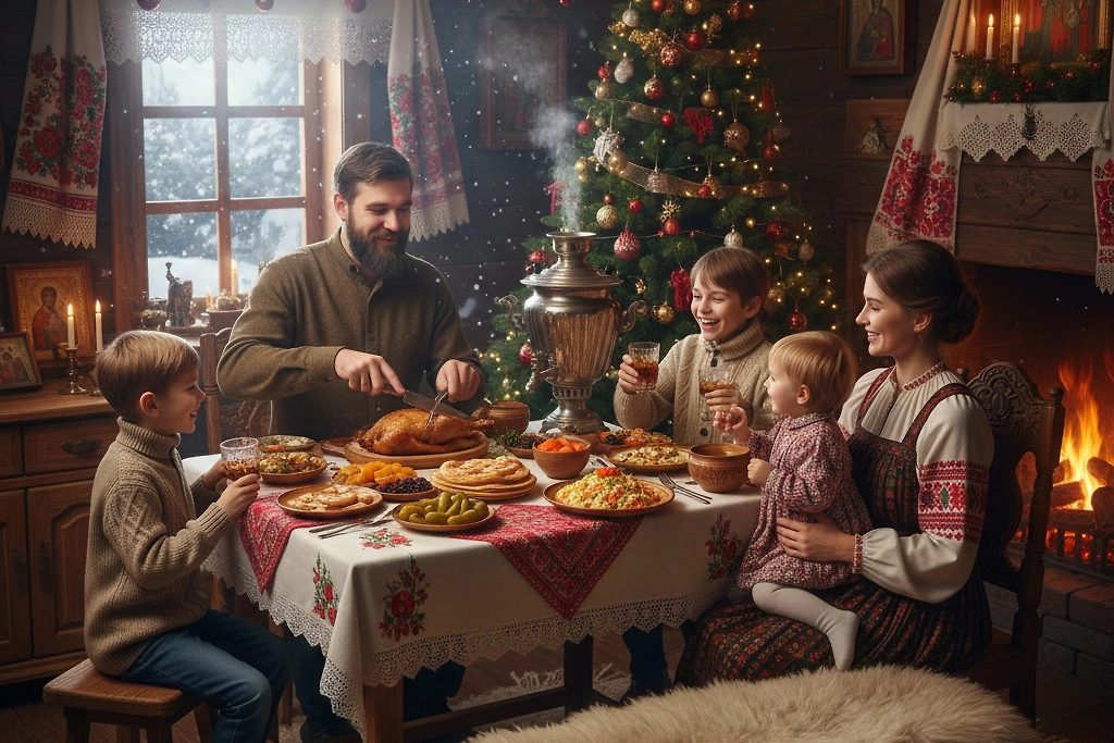 В России Рождество Христово празднуют обычно в церкви, но и дома устраивают семейные вечера. Фото © «Nano Banana AI»