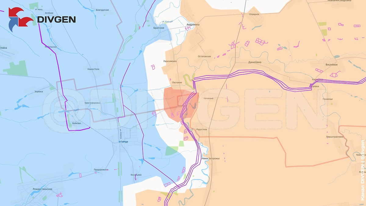 Карта СВО на 25 декабря 2025 года. Подразделения 36-й мотострелковой бригады 29-й армии освободили село Заречное на стыке Днепропетровской и Запорожской областей. Фото © Telegram / DIVGEN 🚩 Карта СВО
