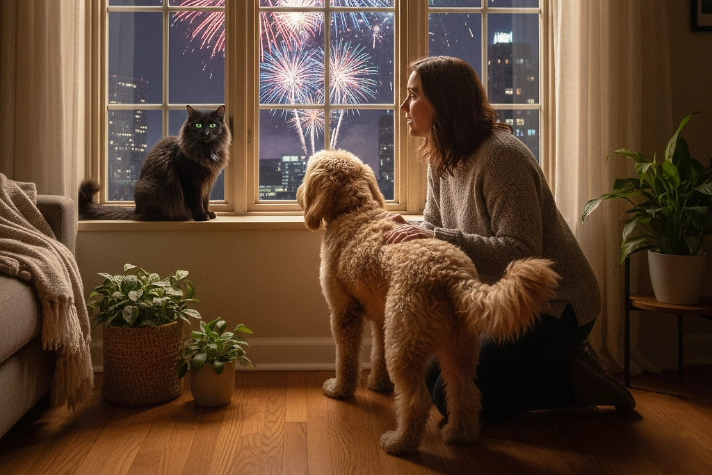 Безопасный Новый год с собакой и кошкой: советы ветеринаров и кинологов. Фото © Nano Banana AI