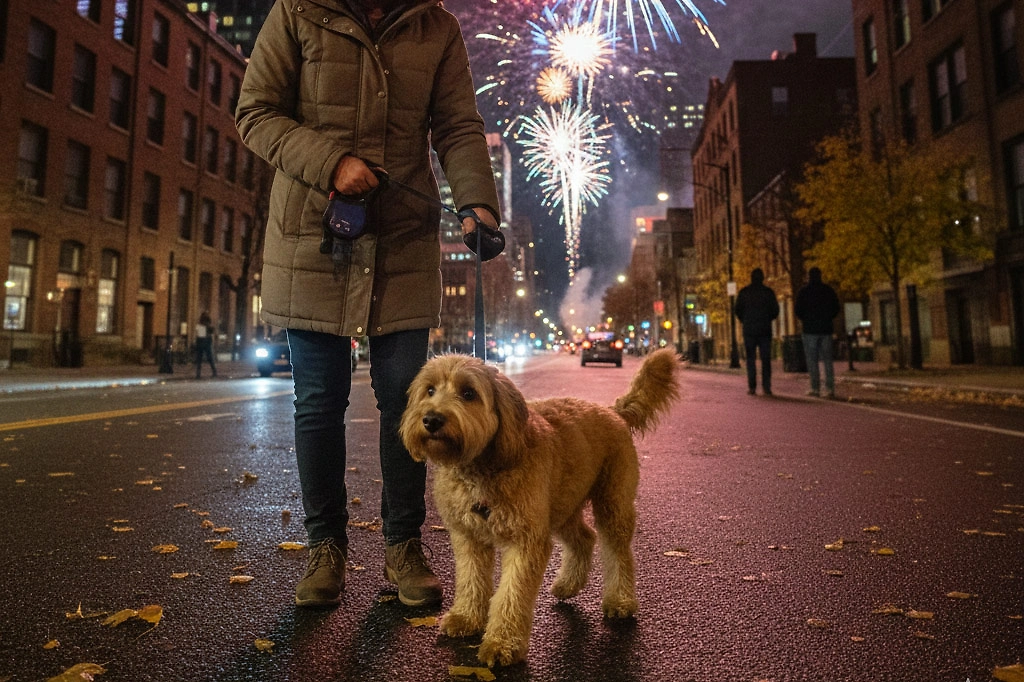Прогулки с собакой в новогоднюю ночь: как не потерять питомца во время салютов. Фото © Nano Banana AI