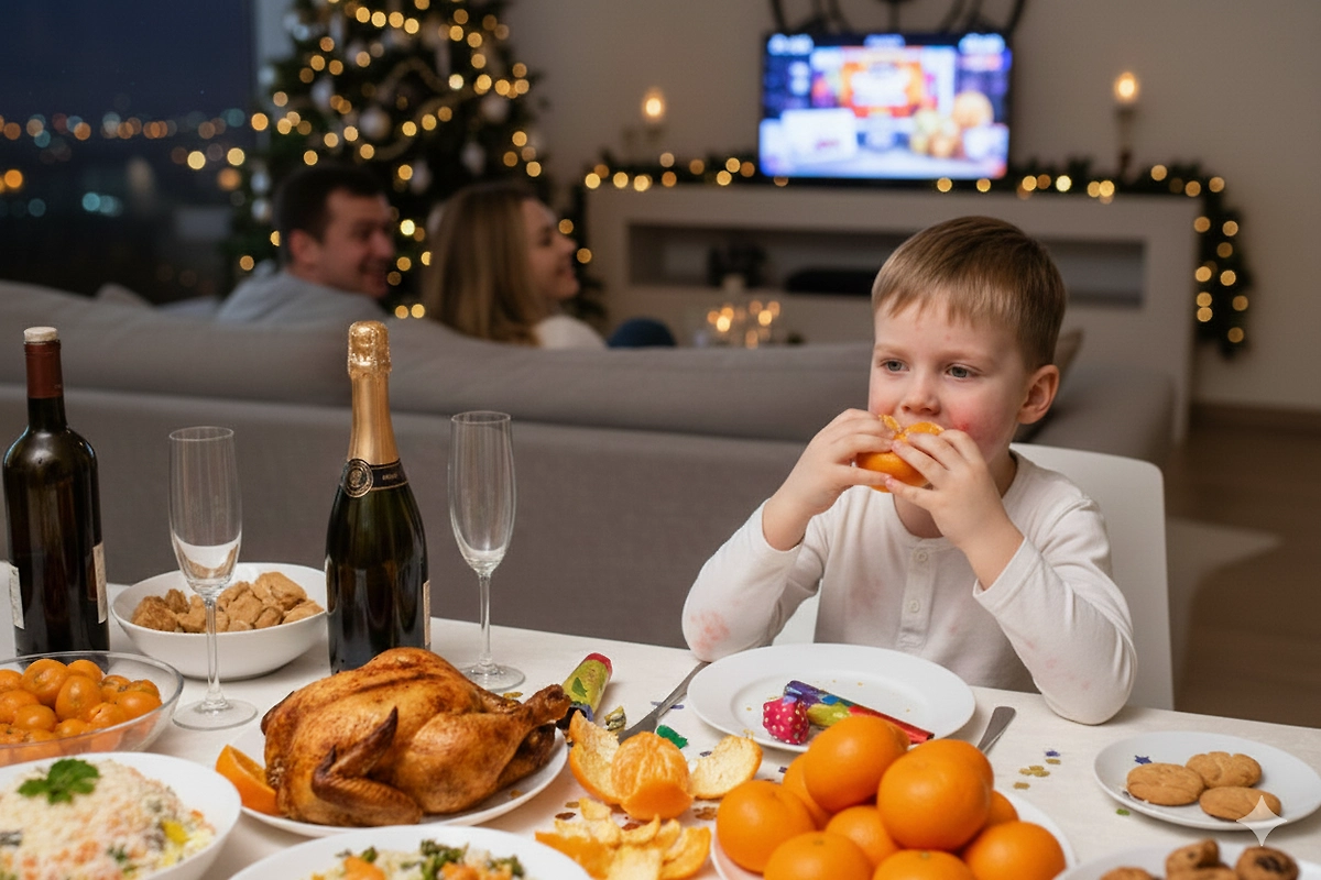 Новогодний стол для ребёнка: как избежать аллергии и переедания. Фото © Nano Banana AI