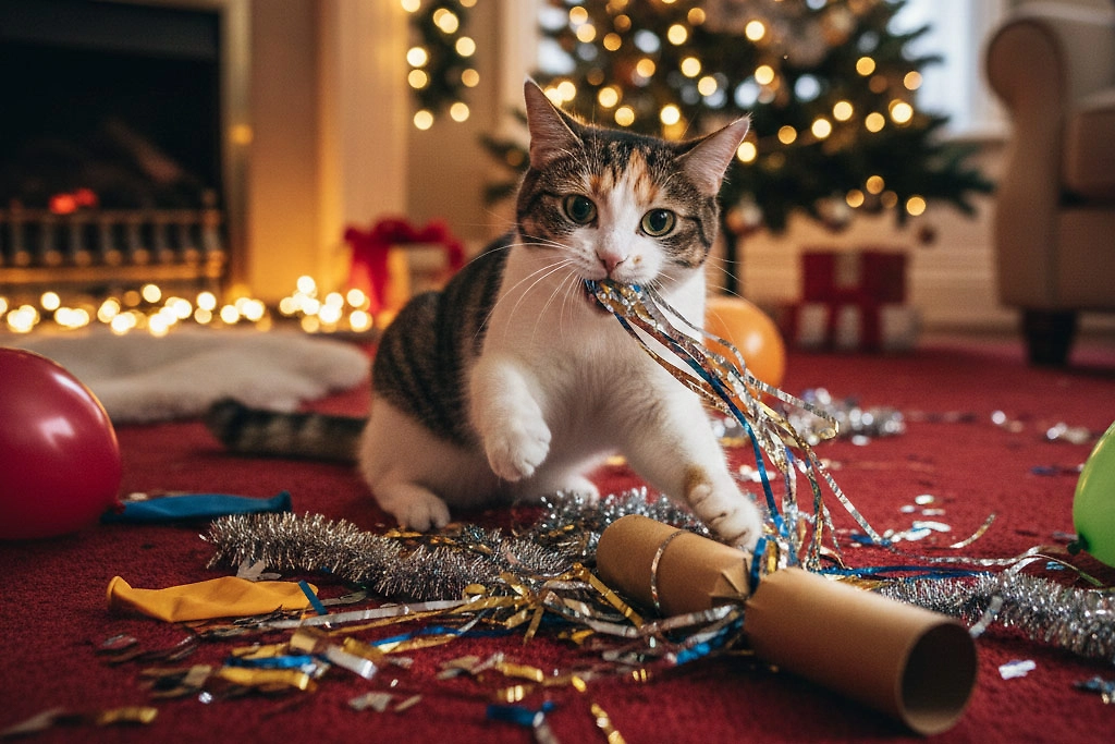 Новогодние украшения, опасные для кошек: почему мишура убивает животных. Фото © Nano Banana AI