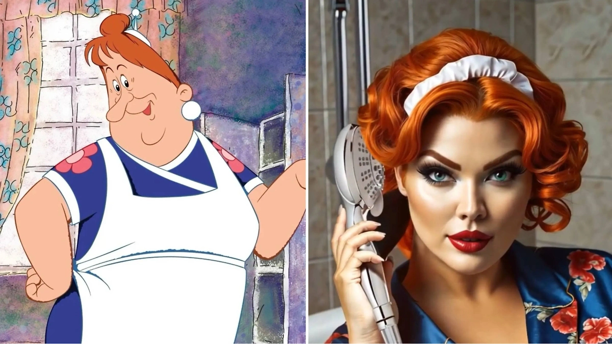 Фрекен Бок из «Карлсона» — пин-ап-красавица из 50-х. Фото © Кадр из мультфильма «Малыш и Карлсон», режиссёр Борис Степанцев, сценаристы Борис Ларин, Астрид Линдгрен / Kinopoisk, © Instagram (признан экстремистской организацией и запрещён на территории Российской Федерации) / multi_reality1