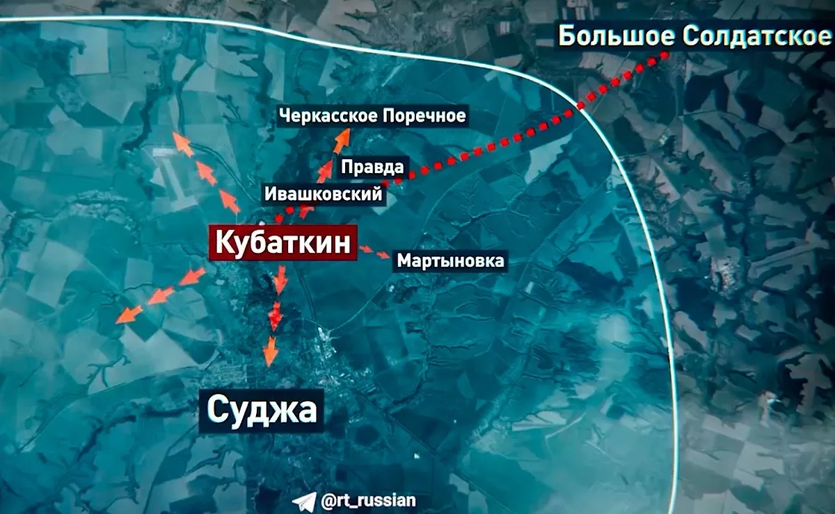 Карта атаки позиций ВСУ в Судже российским спецназом, пробравшимся по газовой трубе. Изображение © Telegram / RT на русском