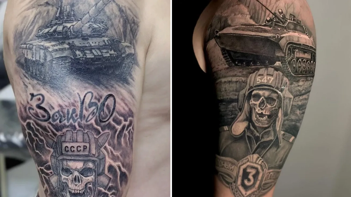 Танки и скелеты — символы БТВ. Фото © Instagram (признан экстремистской организацией и запрещён на территории Российской Федерации) / tattoo_kastet